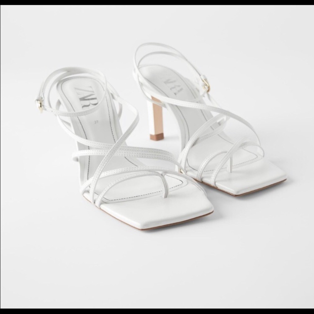 Zara White Heeled Square Toe Sandals